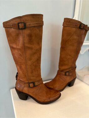 Frye Cognac Leather Mid-Heel Riding Boots